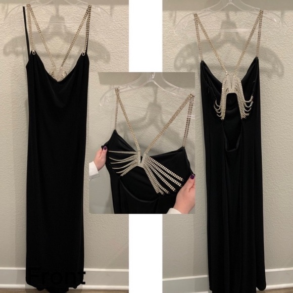 Vintage 90’s Dress Metal Diamond Rhinestone Backless Dress Maxi Black Slip Prom - Picture 10 of 17